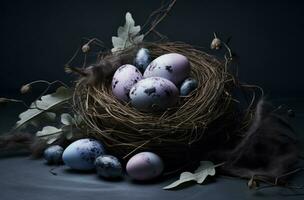 AI generated a nest full of easter eggs on a grey background photo