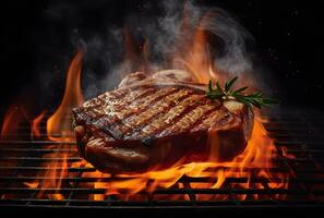 AI generated Barbecue dry aged wagyu porterhouse beef steak grilled as close-up on a charcoal grill with fire and smoke photo