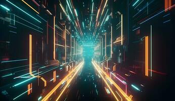 AI generated futuristic sci-fi background with neon lights and reflective tunnel motion patterns photo