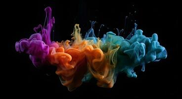 ai generado color gotas en agua , resumen color mezcla , soltar de tinta color mezcla pintar que cae en agua vistoso tinta en agua foto