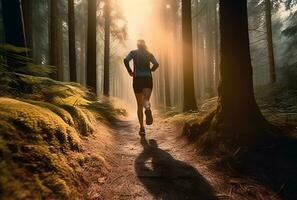 AI generated A person running on a trail on a sunny morning in the forest. photo