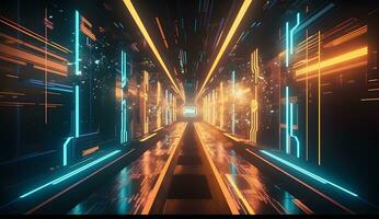 AI generated futuristic sci-fi background with neon lights and reflective tunnel motion patterns photo