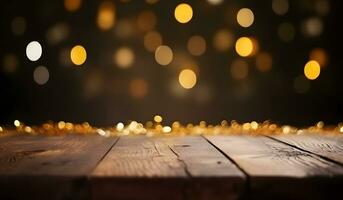 AI generated Wood table top of blurred abstract gold bokeh background with christmas lights. photo