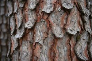 AI generated textured background of old pine wood, with large elements of bark and the resin drips photo