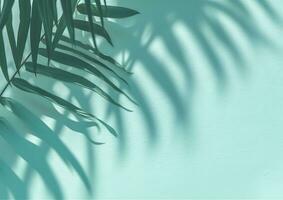 AI generated tropical summer background, shadows leaves of palm tree on blue background photo