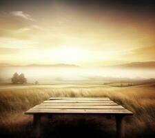 AI generated empty vintage table for product display montage with golden sunrise over misty hills photo