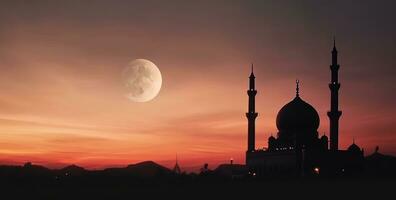 AI generated Beautiful large Islamic mosque at the sunset sky background photo