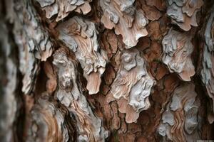 AI generated textured background of old pine wood, with large elements of bark and the resin drips photo