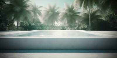 AI generated For the product display, empty marble with frosted windows and a swimming pool serve as backdrops photo