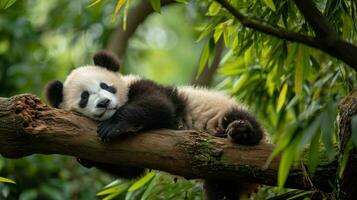 ai generado un bebé panda siesta en un árbol rama foto