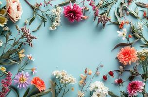 ai generado un marco de papel rodeado por flores y flores foto