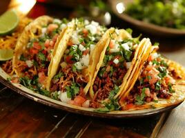 AI generated a large plate of tacos sits on a wooden table photo