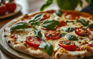 AI generated a large pizza with tomatoes and basil on it photo