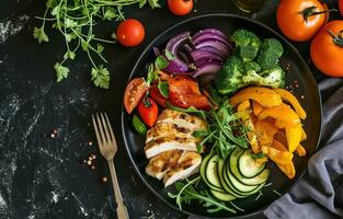 AI generated a black plate on the counter with vegetables and chicken on it photo