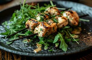 ai generado un plato con pollo brochetas y verduras en un negro plato foto