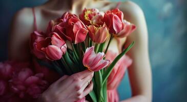 AI generated a woman with pink dress is holding bouquet of tulips photo