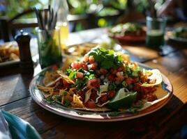 AI generated a large plate of tacos sits on a wooden table photo