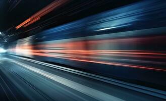 AI generated Long exposure shot of a busy street at night creating dynamic effect of the vehicle lights. photo