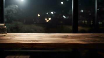 AI generated Empty dark wooden table in front of abstract blurred bokeh background of restaurant . can be used for display or montage your products.Mock up for space photo