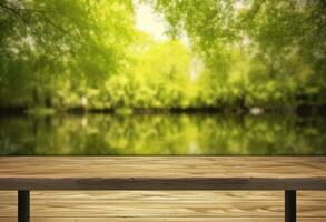 AI generated Wooden table top with natural green background of blurred lake photo