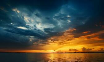 ai generado el hermosa puesta de sol ver con el azul cielo y nubes en verano foto