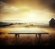 AI generated empty vintage table for product display montage with golden sunrise over misty hills photo