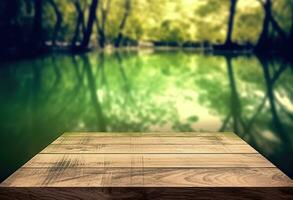 AI generated Wooden table top with natural green background of blurred lake photo