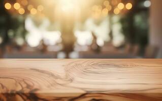 AI generated Empty wooden table in front of blurred and abstract window background photo