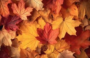 AI generated Autumn background of yellow and red maple leaves on the ground photo