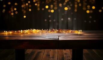 AI generated Wood table top of blurred abstract gold bokeh background with christmas lights. photo