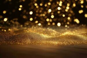 AI generated Golden glitter bokeh lighting texture Blurred abstract background for birthday, anniversary, wedding, new year eve or Christmas. photo
