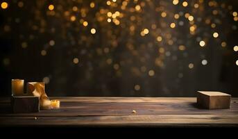 AI generated Wood table top of blurred abstract gold bokeh background with christmas lights. photo