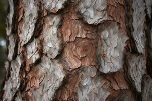 AI generated textured background of old pine wood, with large elements of bark and the resin drips photo