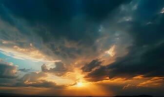 ai generado el hermosa puesta de sol ver con el azul cielo y nubes en verano foto