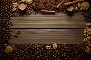 AI generated a cup of coffee stands on the table among the coffee beans, top view, flat lay, background photo