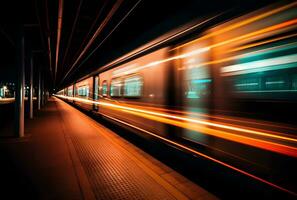 ai generado un hermosa largo exposición de un tren paso por a el subterráneo estación foto