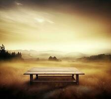 AI generated empty vintage table for product display montage with golden sunrise over misty hills photo