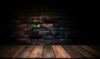 AI generated Empty wooden background with brick wall and neon lights. Brick walls, neon signs and lamps photo