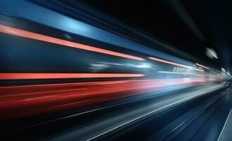 AI generated Long exposure shot of a busy street at night creating dynamic effect of the vehicle lights. photo