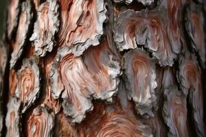 AI generated textured background of old pine wood, with large elements of bark and the resin drips photo