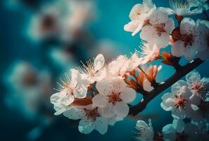 ai generado floreciente Cereza y ciruela a puesta de sol en el Alpes son muy hermosa. puro naturaleza agrada un persona con ecológico belleza y un símbolo de primavera. foto