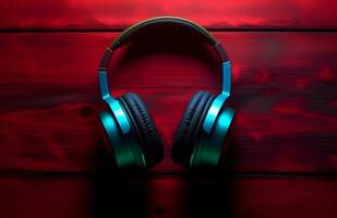 AI generated Headphones Isolated on a wooden table on a dark background photo