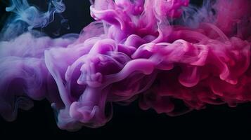ai generado púrpura y azul colores mezclar, fumar efecto en agua. grueso vistoso fumar púrpura, rosa, rojo, azul en un negro aislado antecedentes foto