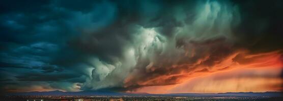 AI generated Thunderclouds on an epic dramatic stormy sky with lightning flashes over the city photo