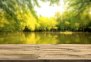 AI generated Wooden table top with natural green background of blurred lake photo