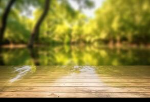 AI generated Wooden table top with natural green background of blurred lake photo
