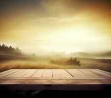 AI generated empty vintage table for product display montage with golden sunrise over misty hills photo