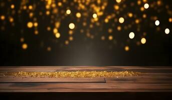 AI generated Wood table top of blurred abstract gold bokeh background with christmas lights. photo