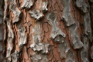 AI generated textured background of old pine wood, with large elements of bark and the resin drips photo