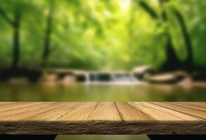 AI generated Wooden table top with natural green background of blurred lake photo